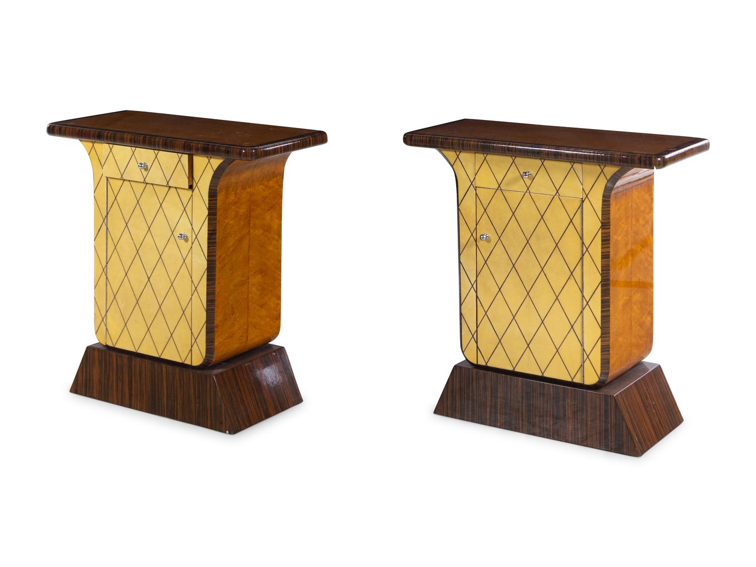 A Swedish Acrylic Inlaid Rosewood and Parchment Veneered Queen Bed with Matching Side Cabinets
