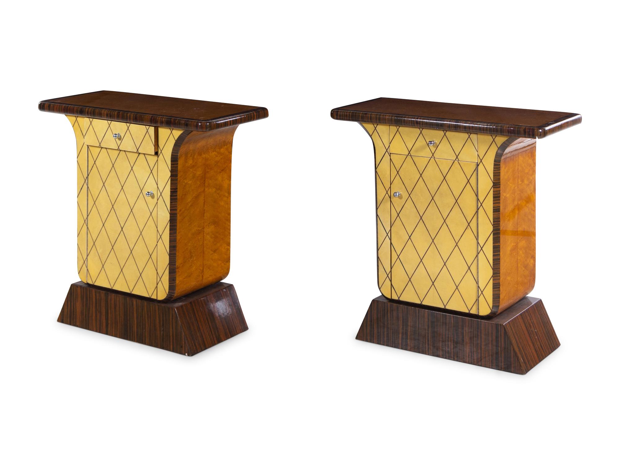 A Swedish Acrylic Inlaid Rosewood and Parchment Veneered Queen Bed with Matching Side Cabinets