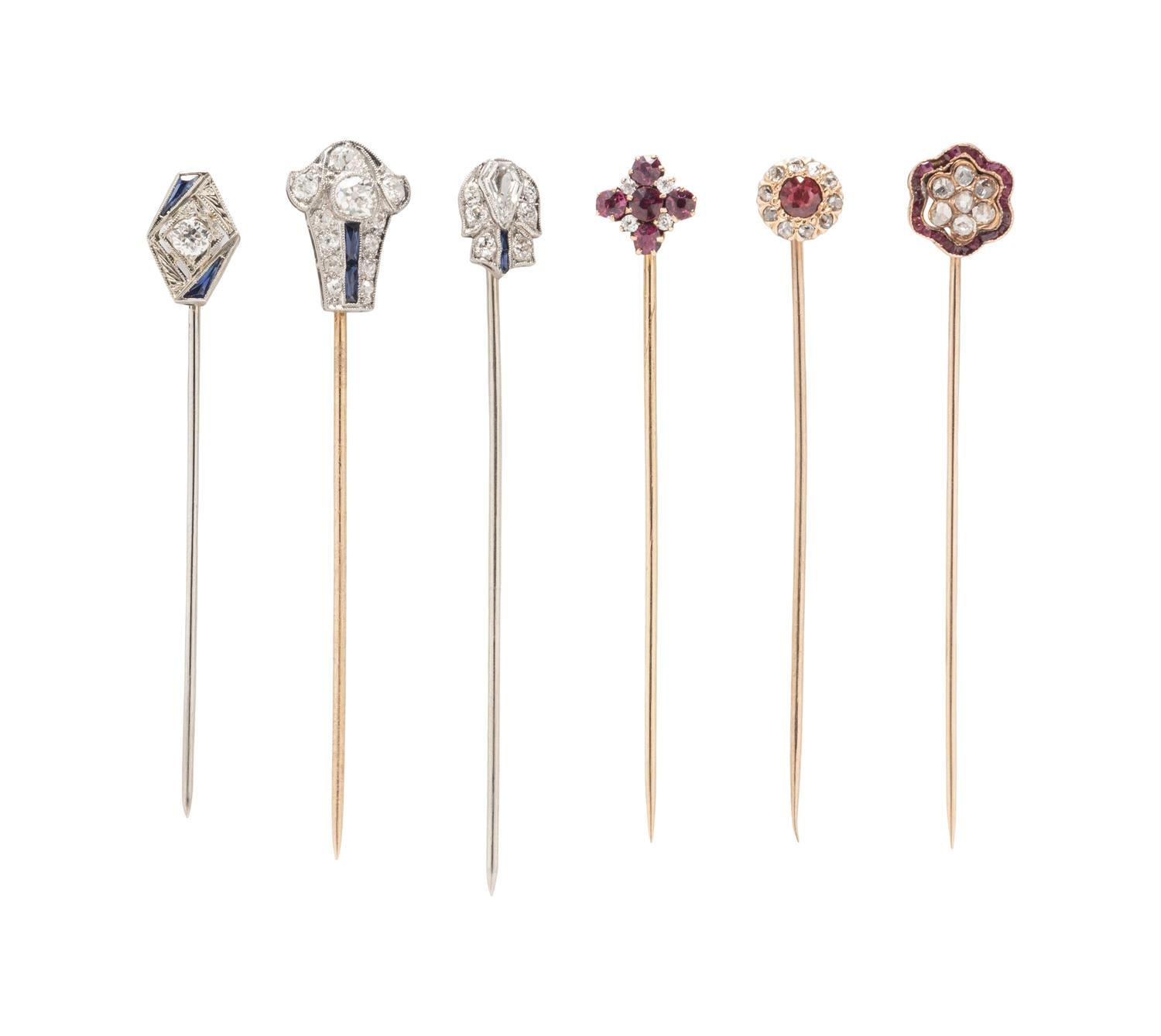 ANTIQUE, COLLECTION OF RUBY, SAPPHIRE, AND DIAMOND STICK PINS