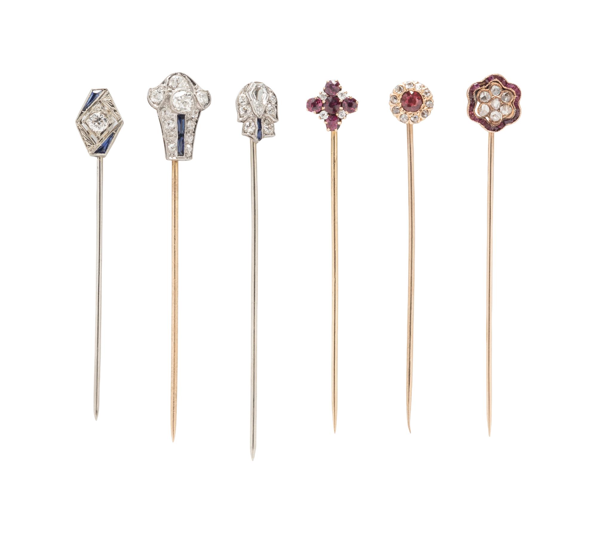 ANTIQUE, COLLECTION OF RUBY, SAPPHIRE, AND DIAMOND STICK PINS