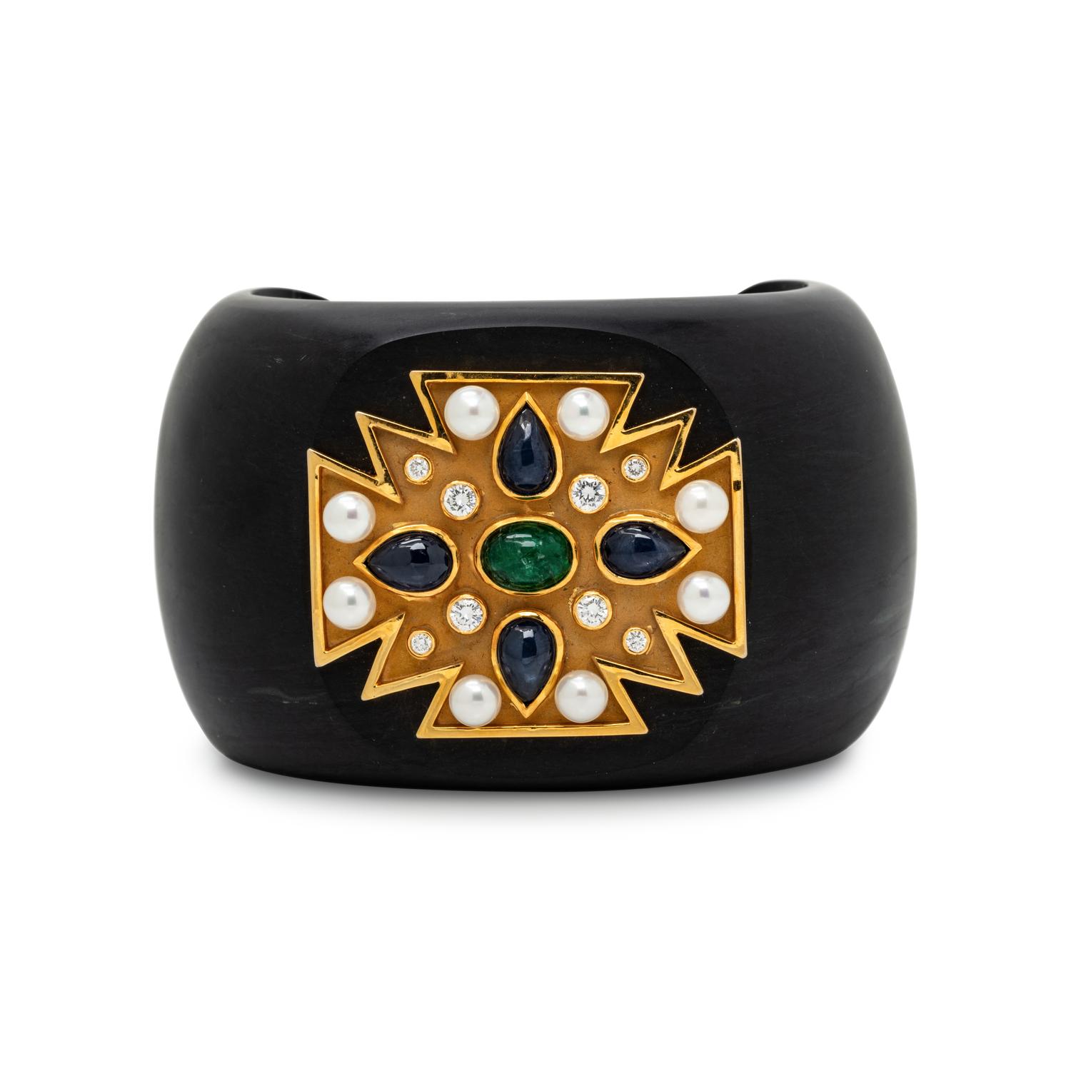 BLACK ONYX AND MULTIGEM MALTESE CROSS CUFF BRACELET