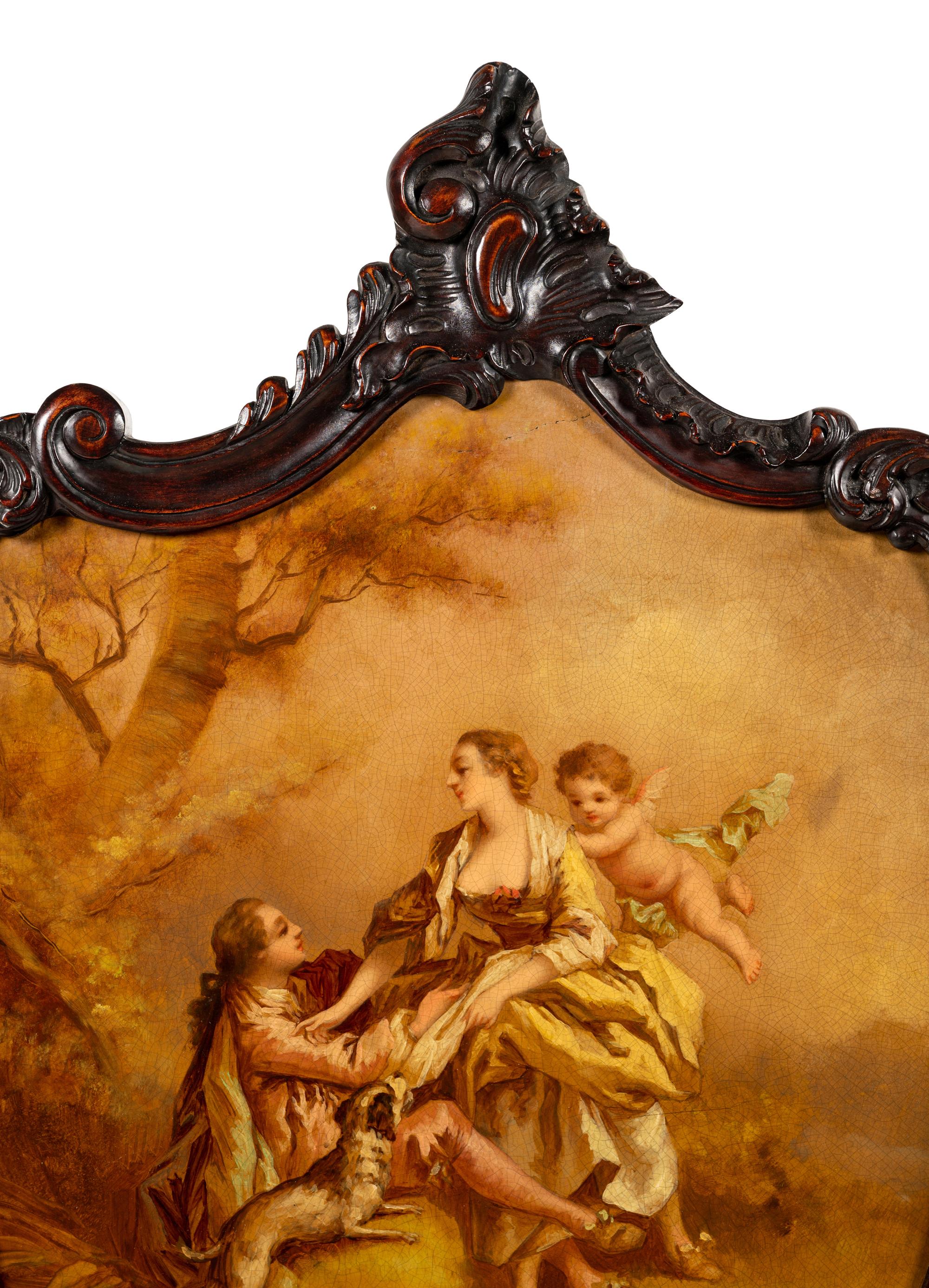 A Louis XV Style Carved Walnut Floor Screen with Inset Painted Panels