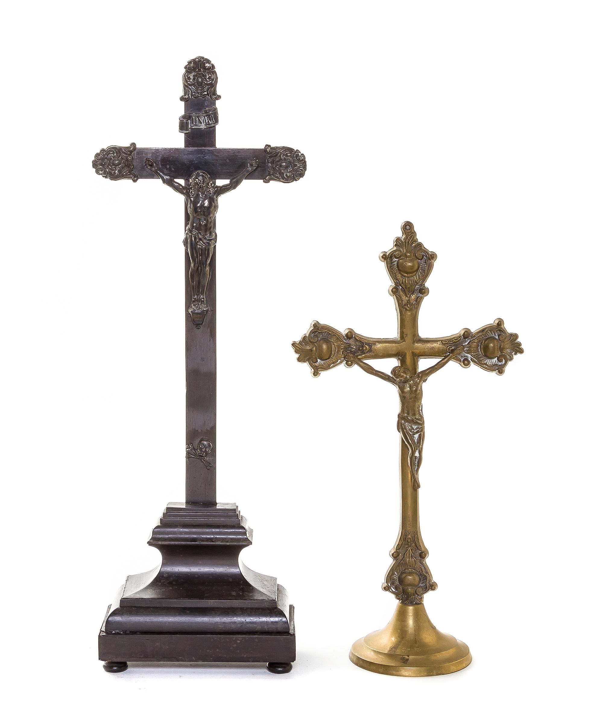 A Continental Silvered Metal Crucifix, Height of first 20 3/8 x width 6 1/2 inches.