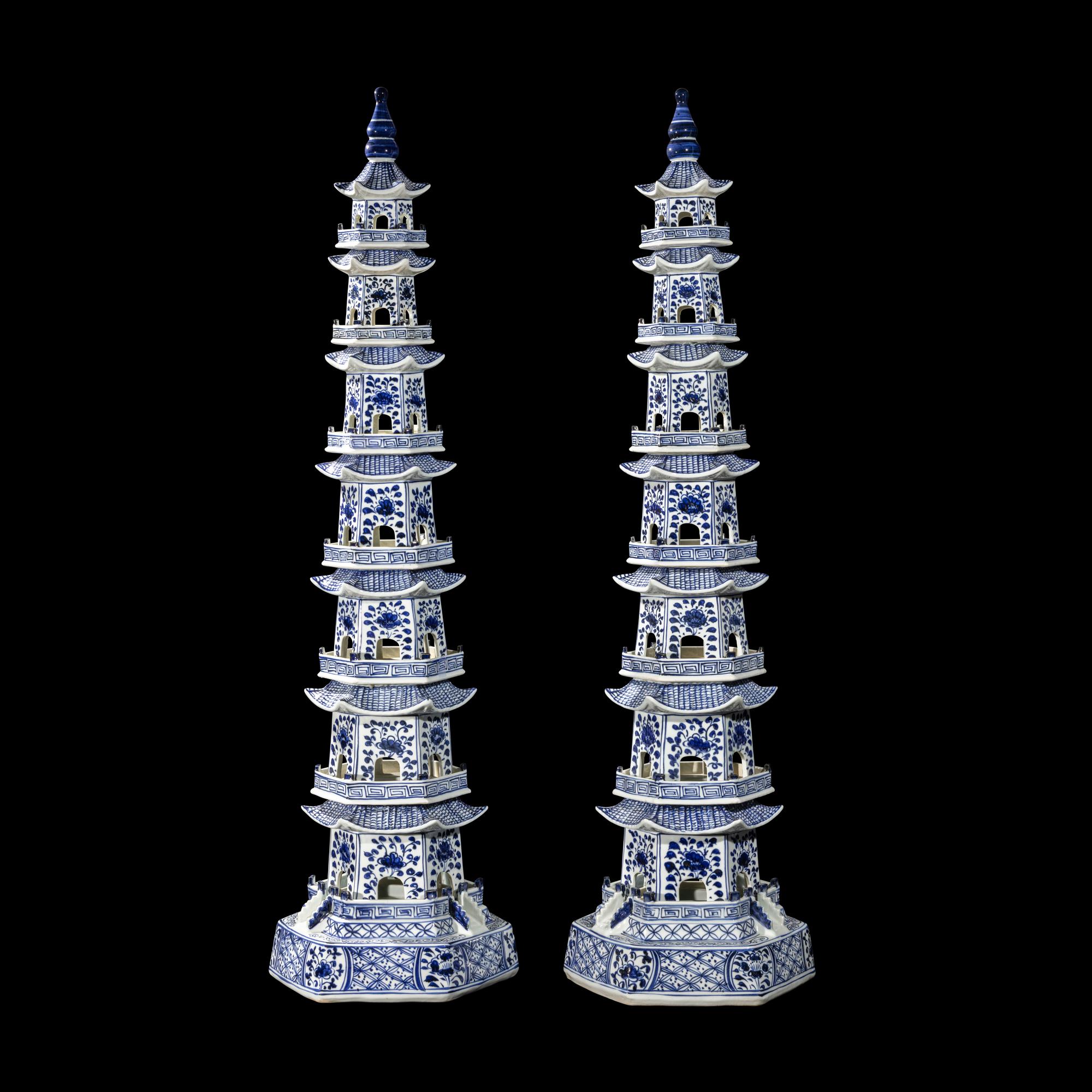 A Pair of Chinese Blue and White Porcelain Pagodas