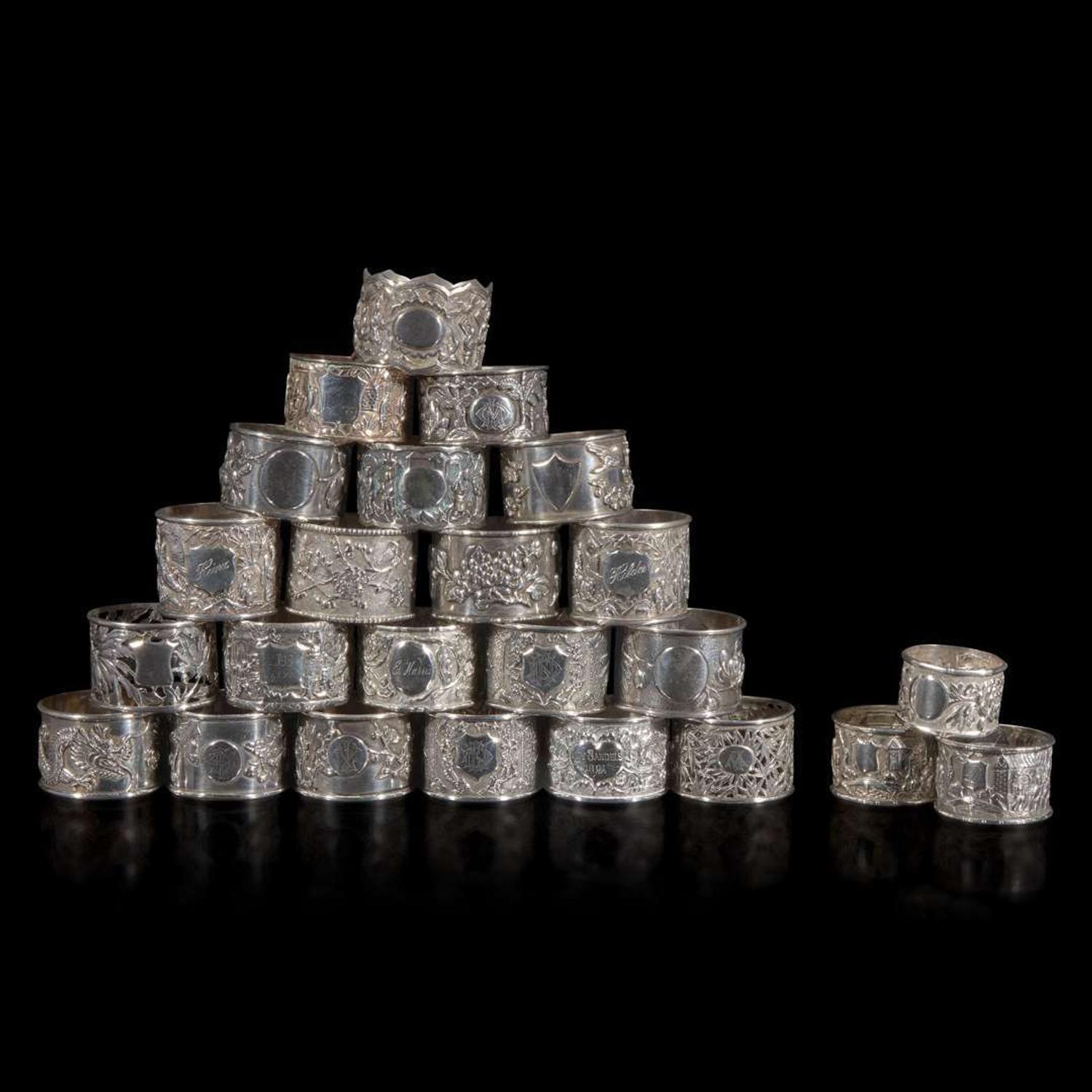 A group of 24 assorted Chinese export silver napkin rings 銀環一組二十四件 Late 19th to first part of 20th century ??????????