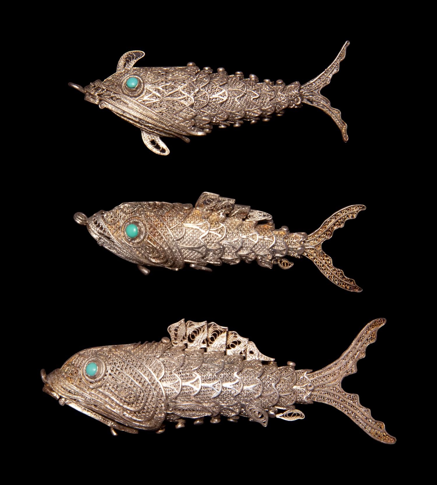 Three Chinese Reticulated Fish-Form Silver Parfumiers