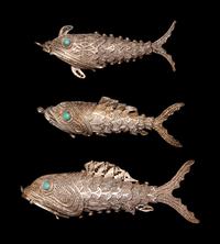 Three Chinese Reticulated Fish-Form Silver Parfumiers