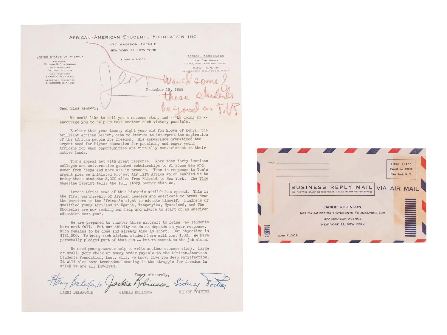 [ROBINSON, JACKIE]. Typed letter regarding "Air Lift Africa," [ With: ] Dodgers vs. Braves scorecard.