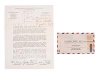 [ROBINSON, JACKIE]. Typed letter regarding "Air Lift Africa," [ With: ] Dodgers vs. Braves scorecard.
