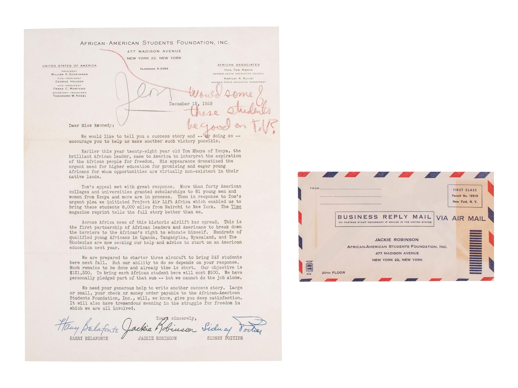 [ROBINSON, JACKIE]. Typed letter regarding "Air Lift Africa," [ With: ] Dodgers vs. Braves scorecard.