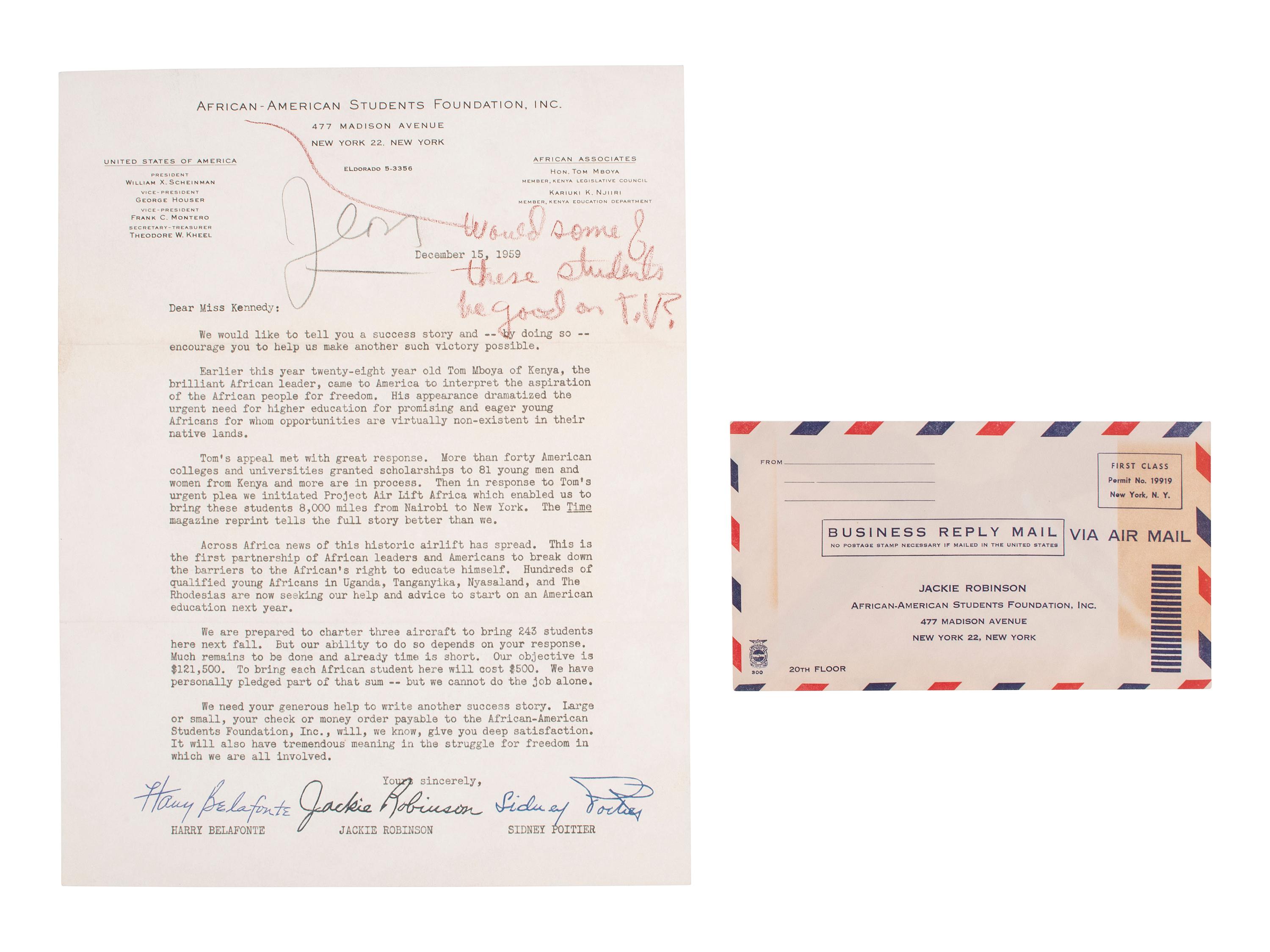 [ROBINSON, JACKIE]. Typed letter regarding "Air Lift Africa," [ With: ] Dodgers vs. Braves scorecard.