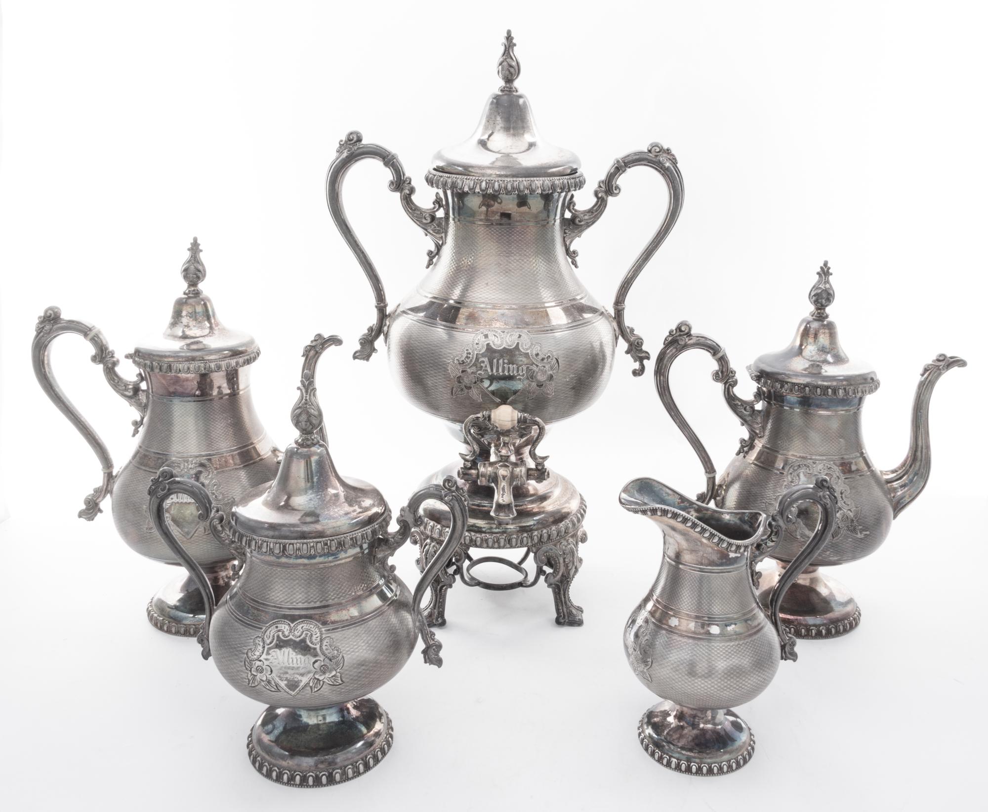 A Meriden Brittania Silver-plate Tea and Coffee Set Height of tallest 18 1/4 inches. — 19TH CENTURY