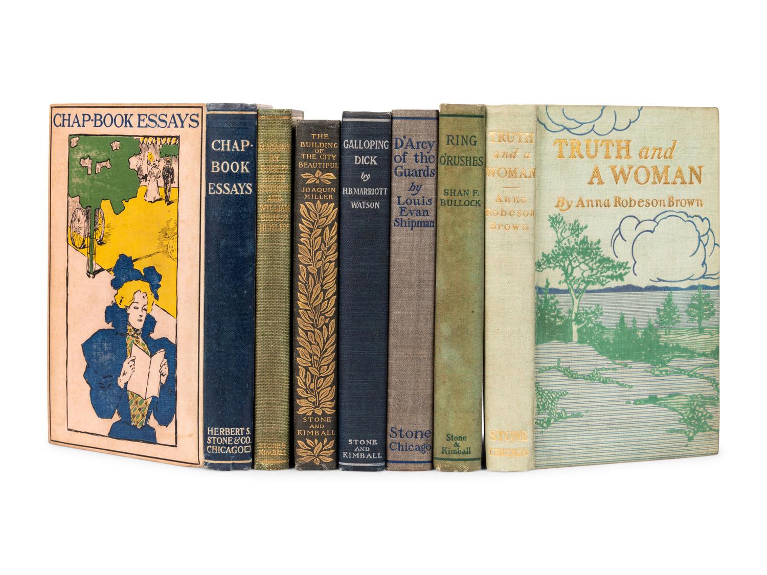 [PUBLISHER'S TRADE BINDINGS - AMERICAN]. A group of 7 bindings designed for publishers Stone or Stone & Kimball, comprising: