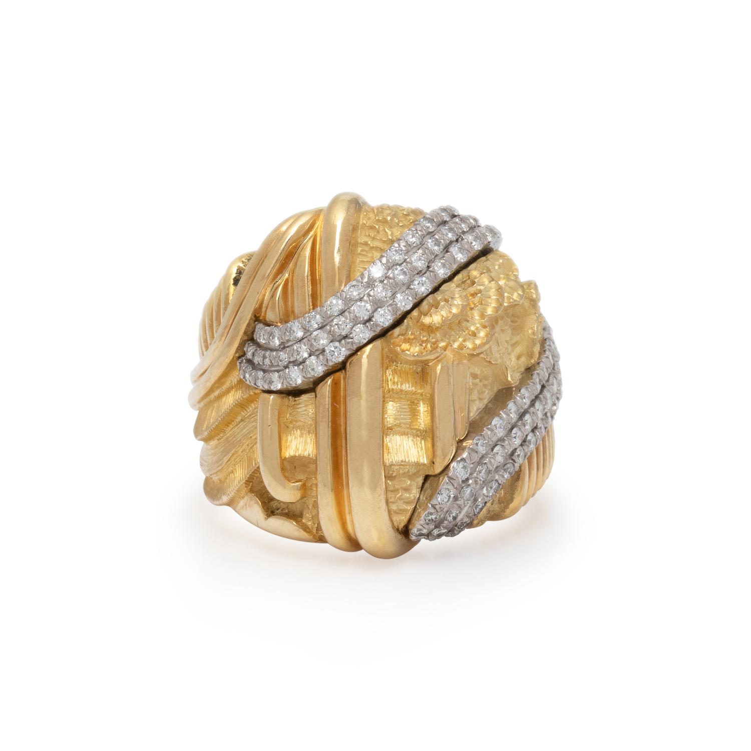 HENRY DUNAY, YELLOW GOLD, PLATINUM, AND DIAMOND RING
