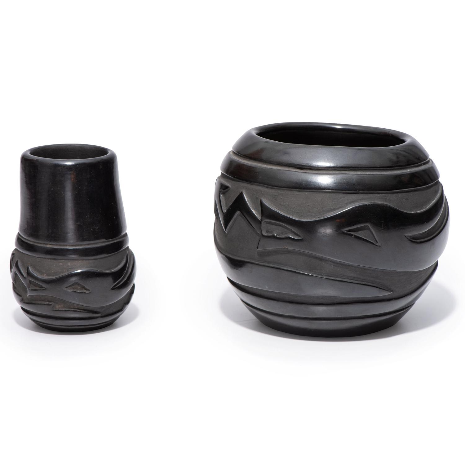 Carved Blackware Pottery Jars, Carved with Avanyu