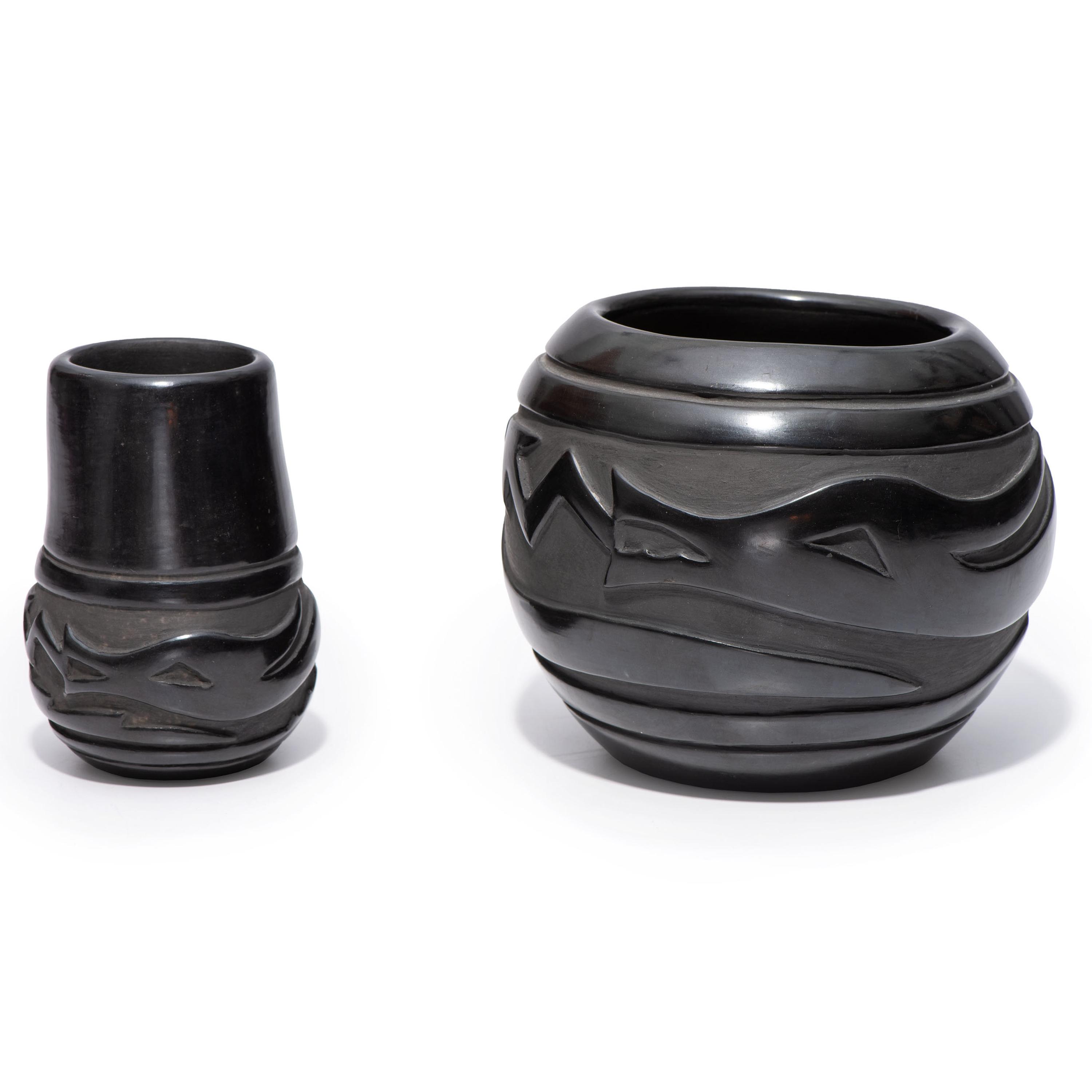 Carved Blackware Pottery Jars, Carved with Avanyu