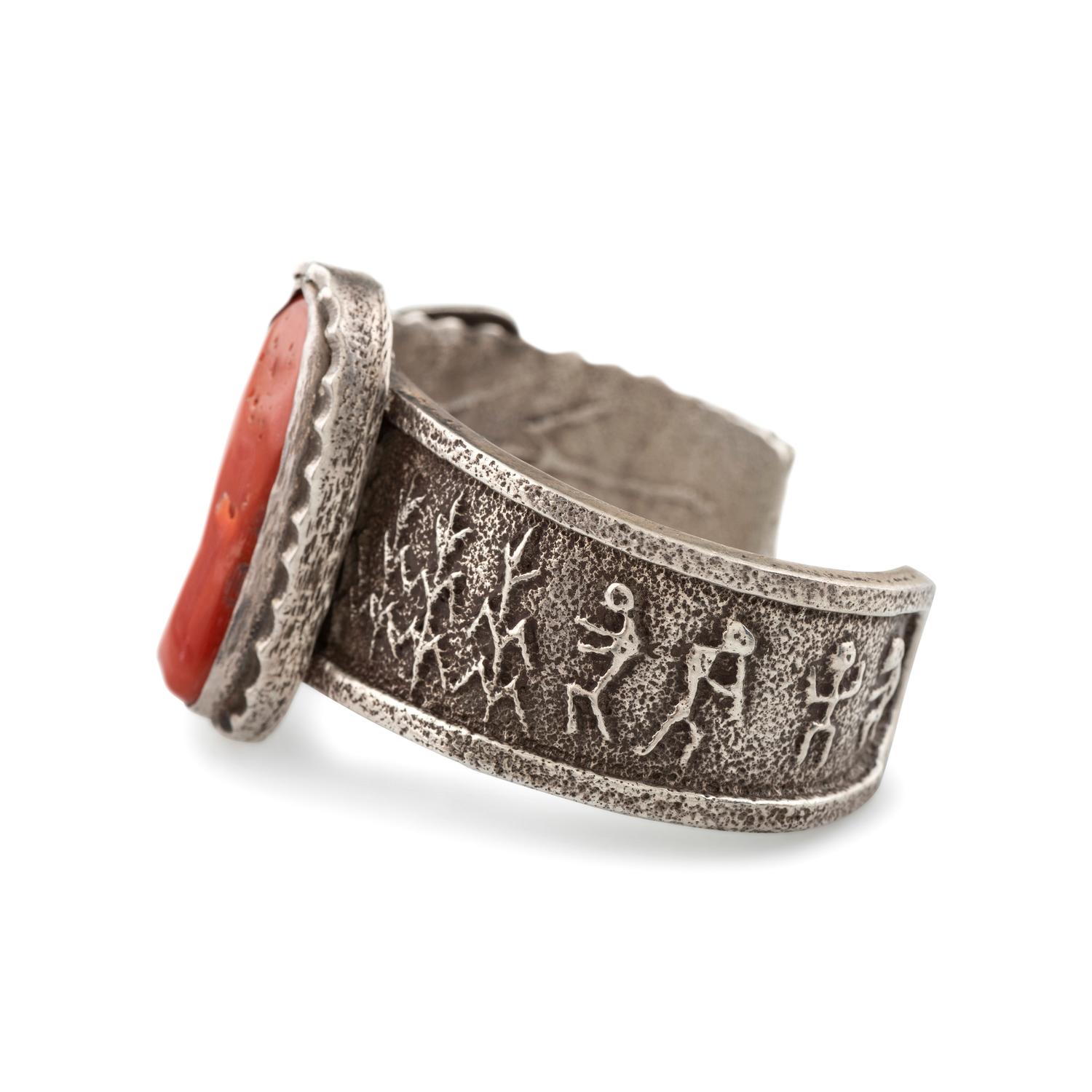 Silver Tufa Cast Cuff Bracelet, with Corn Design and Set with Coral