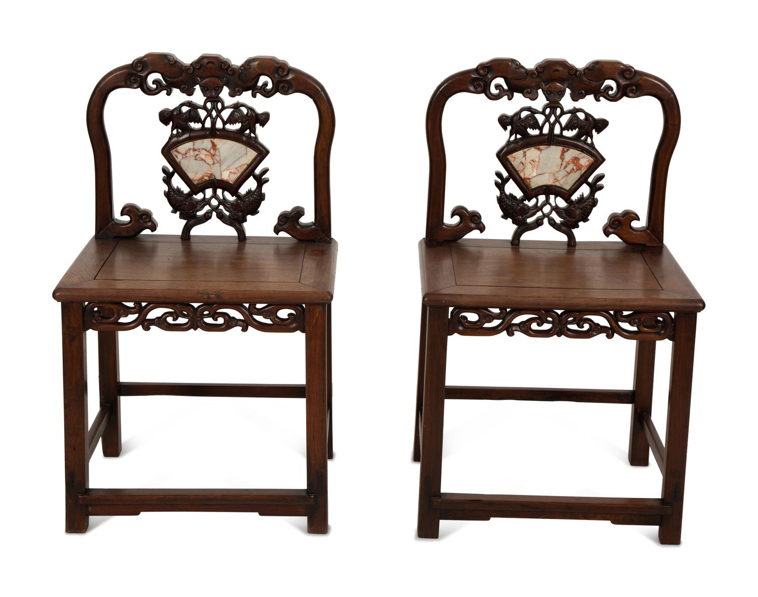 A Pair of Chinese Carved Hardwood Side Chairs with Marble Inset Back Panel