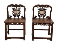 A Pair of Chinese Carved Hardwood Side Chairs with Marble Inset Back Panel