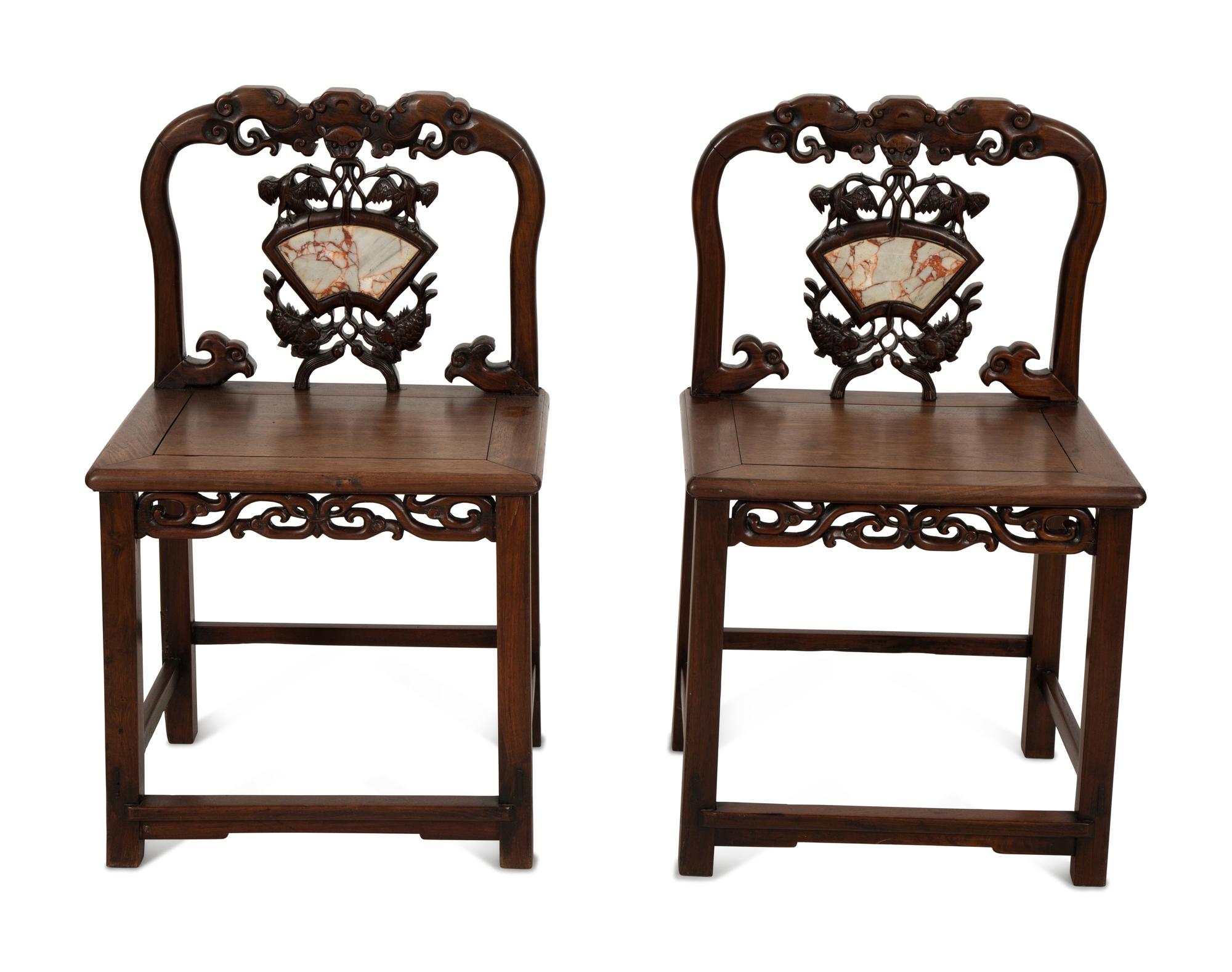 A Pair of Chinese Carved Hardwood Side Chairs with Marble Inset Back Panel