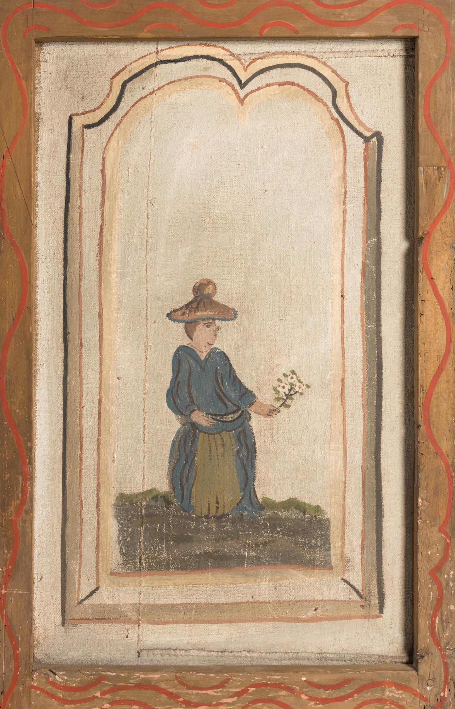 A French Painted Canvas Four-Panel Floor Screen