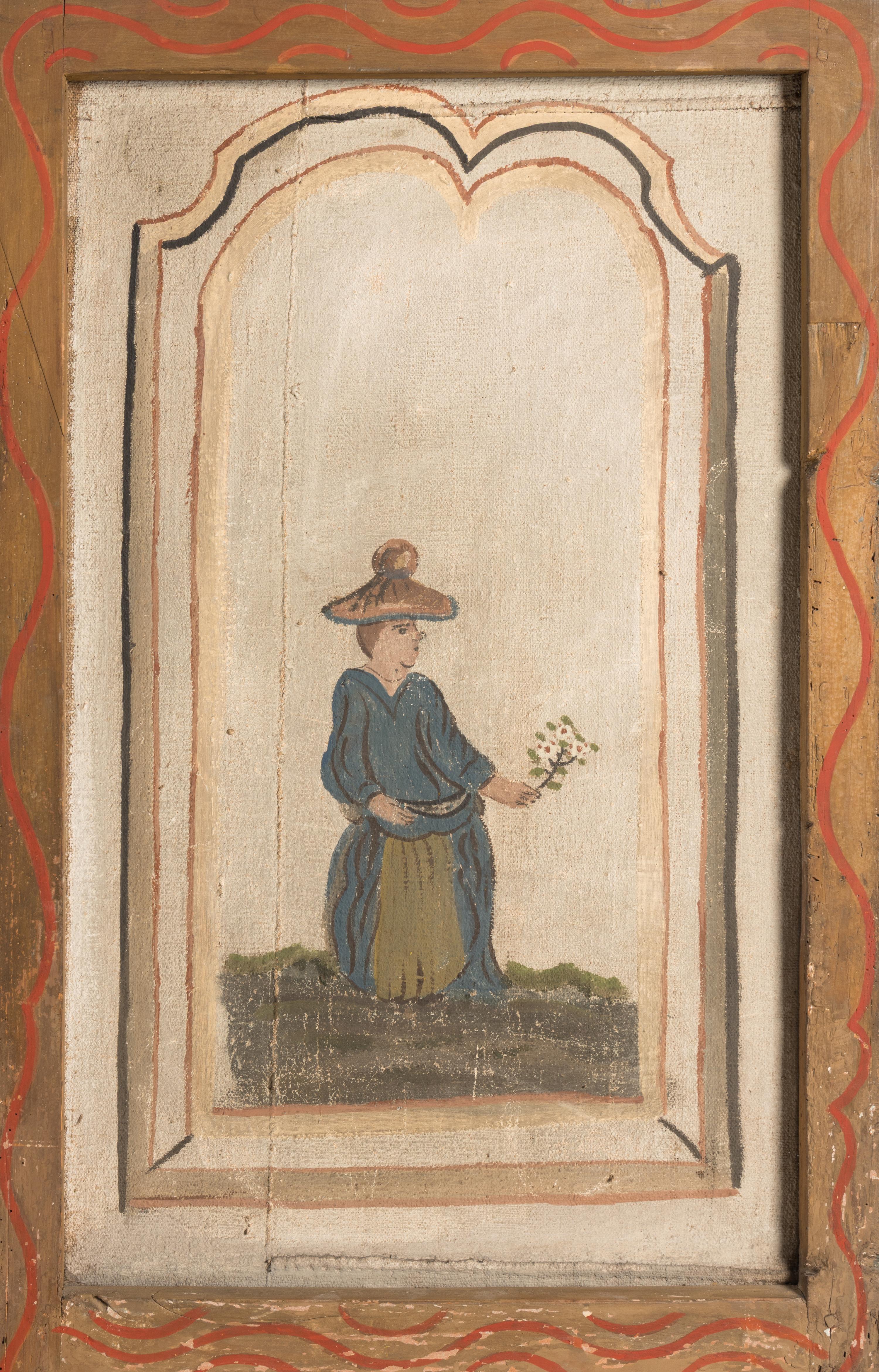 A French Painted Canvas Four-Panel Floor Screen