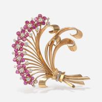 A Retro Ruby, Diamond, and 14K Yellow Gold Brooch