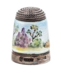 An English Silver and Enamel Thimble, Joseph Swan & Sons, Birmingham, 1972, the knurled top above a polychrome enamel band depicting a