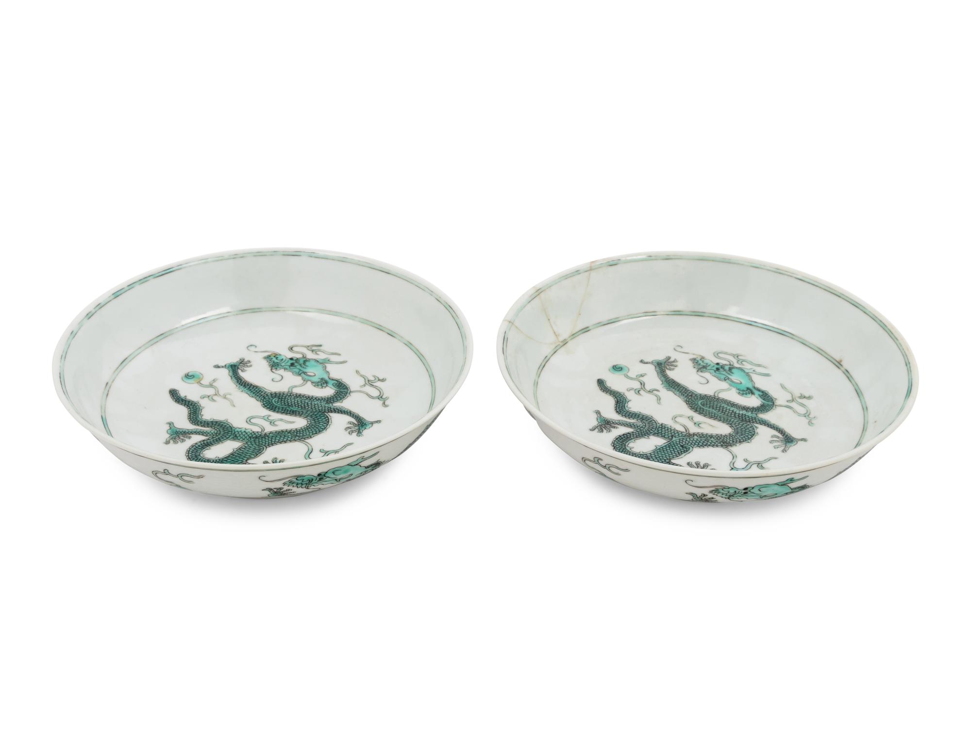 A Pair of Chinese Green Enameled Porcelain 'Dragon' Plates