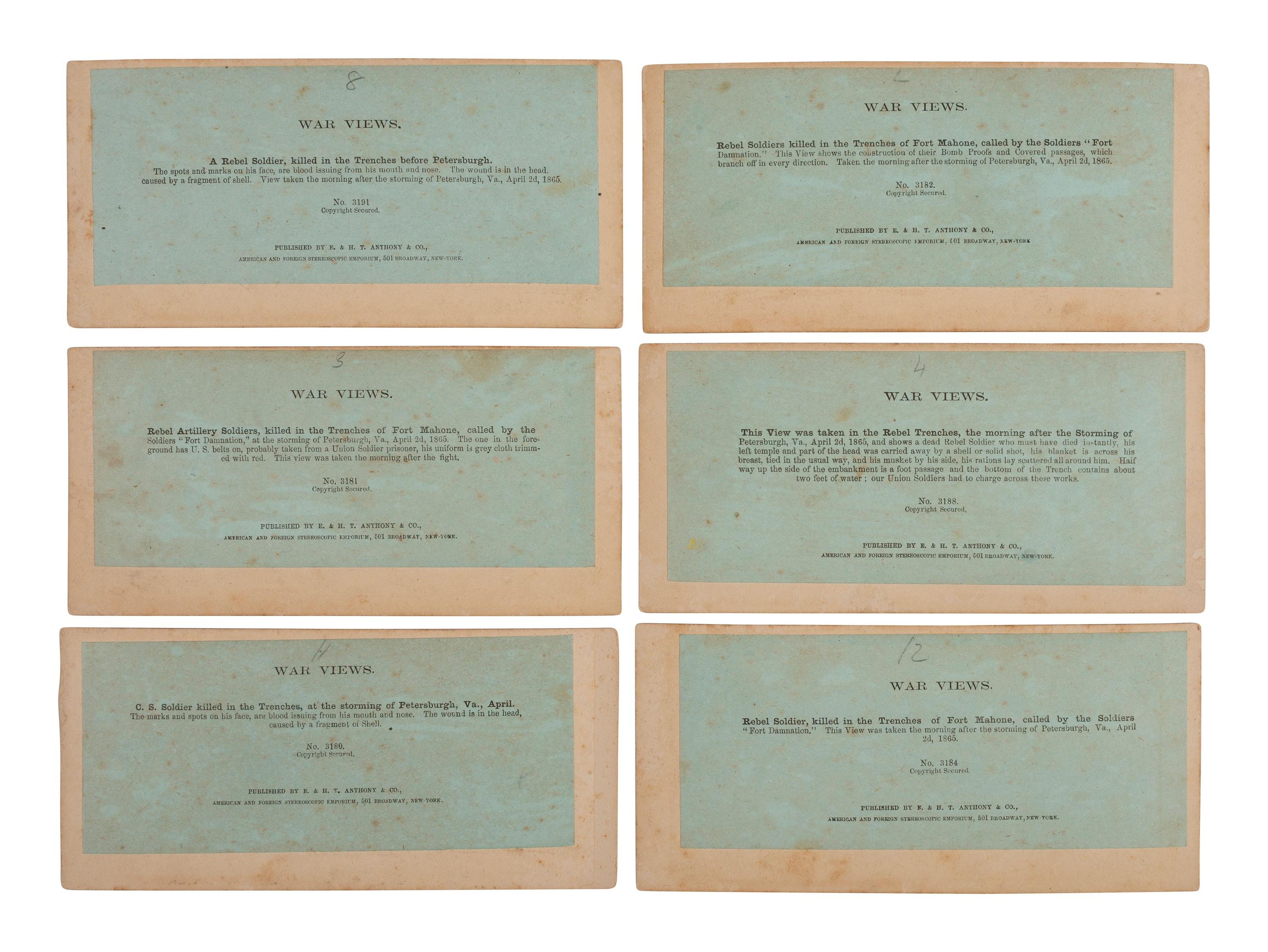 [CIVIL WAR]. 12 stereoviews of deceased Confederate soldiers New York: E. & H. T. Anthony & Co.