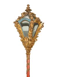 A Pair of Venetian Giltwood and Red-Painted Gondola Lanterns