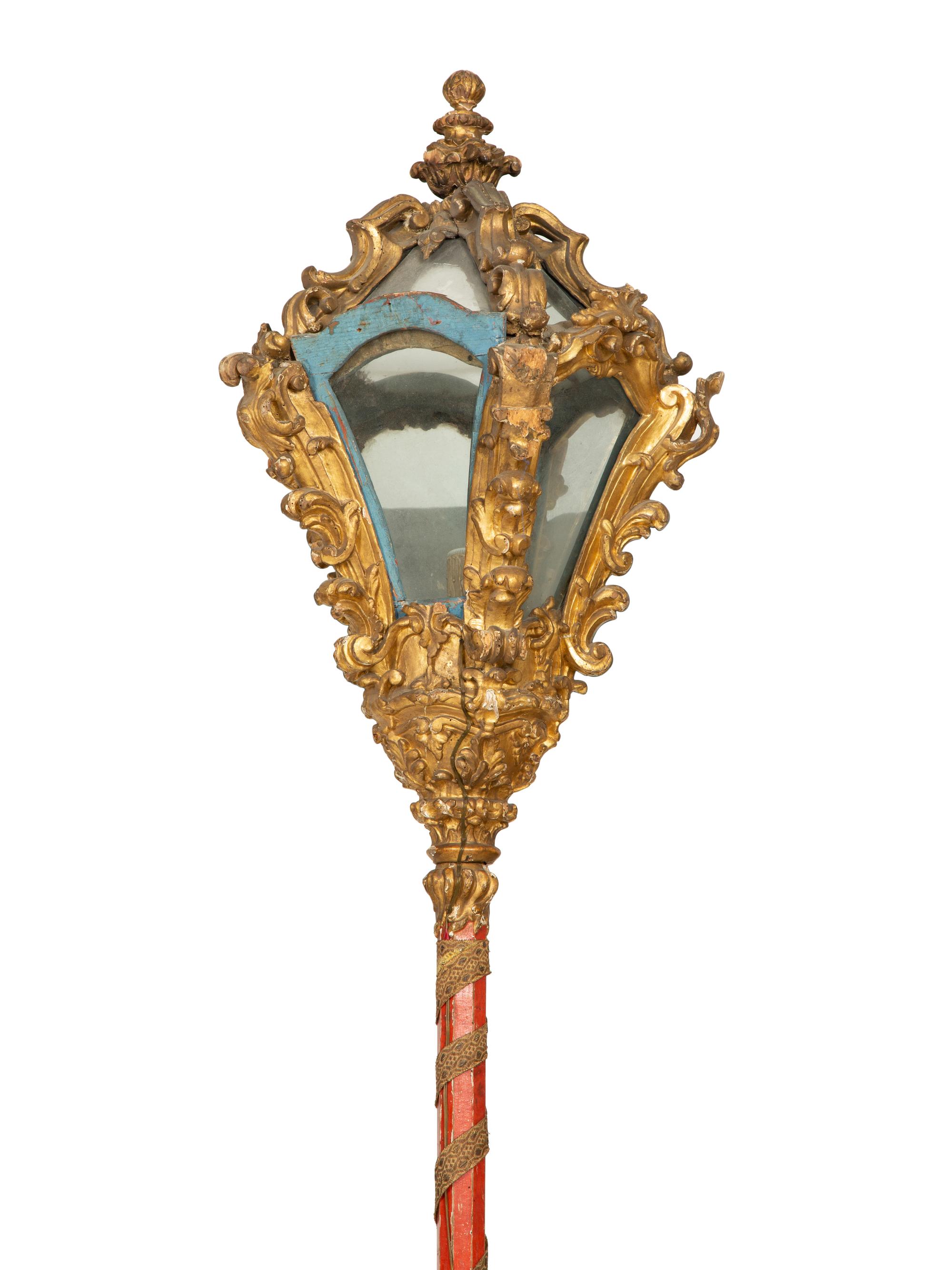 A Pair of Venetian Giltwood and Red-Painted Gondola Lanterns