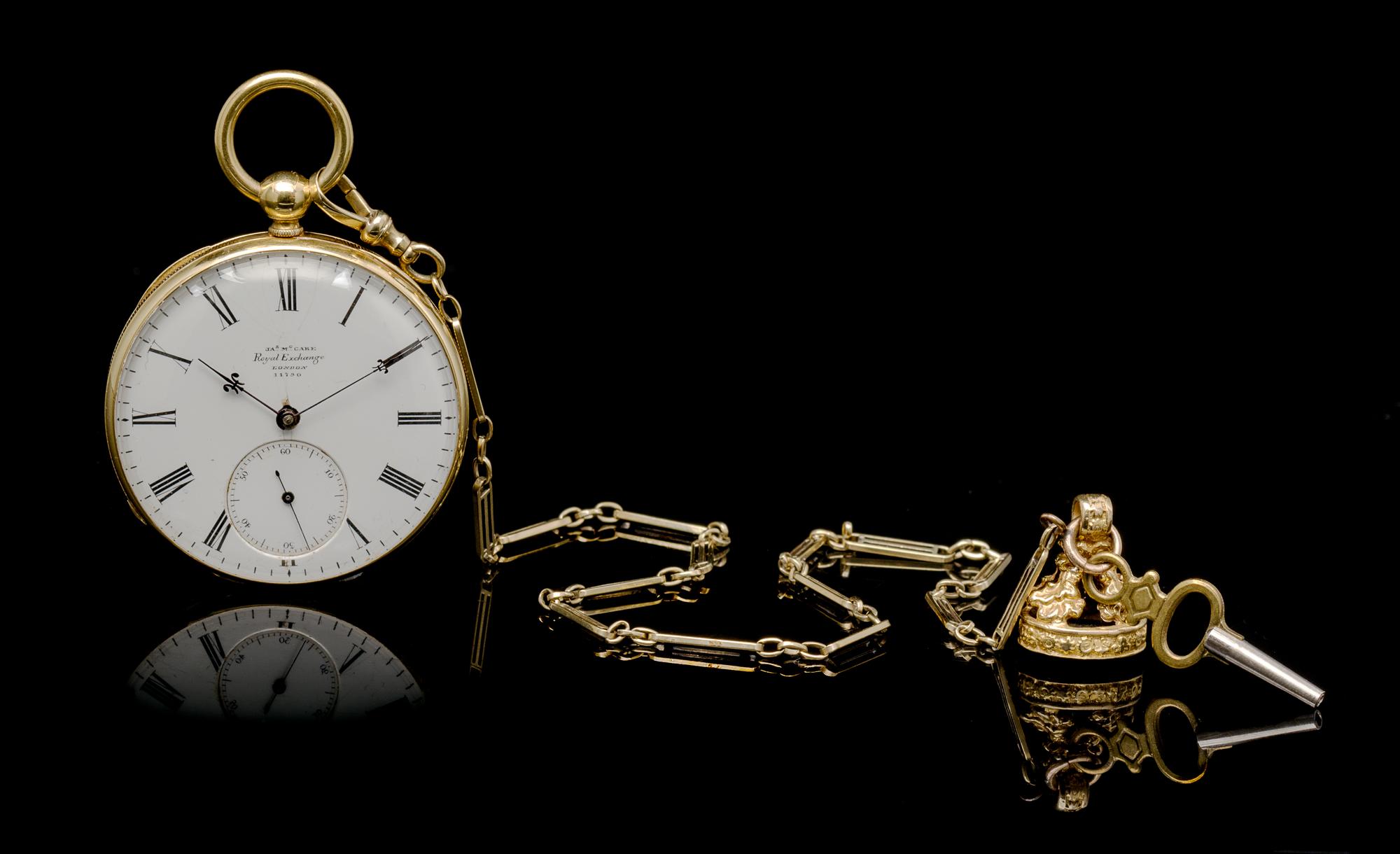 An 18 Karat Yellow Gold Open Face Key Wound Pocket Watch, James McCabe, Royal Exchange, London,