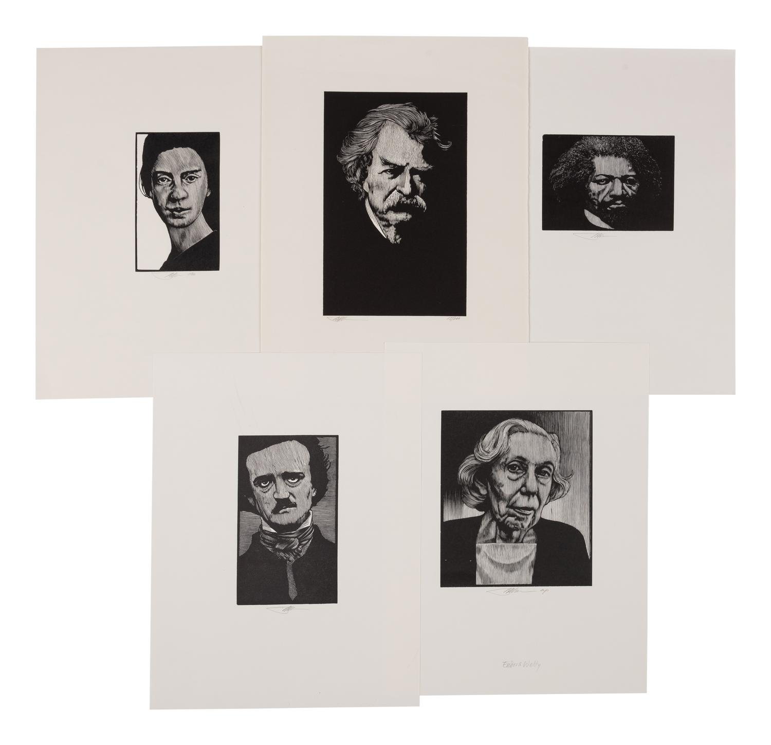 [PORTRAITS—AUTHORS]. Group of 27 wood-engraved portraits of authors (including duplicates and proof variants) from various works or suites by Barry Moser, various sizes and papers, EACH SIGNED BY MOSER in pencil. Includes: Dante, Poe, Twain, Lewis Carroll, Stoker, Wilde, Melville, Baum, Mary Shelley, Stevenson and many others.