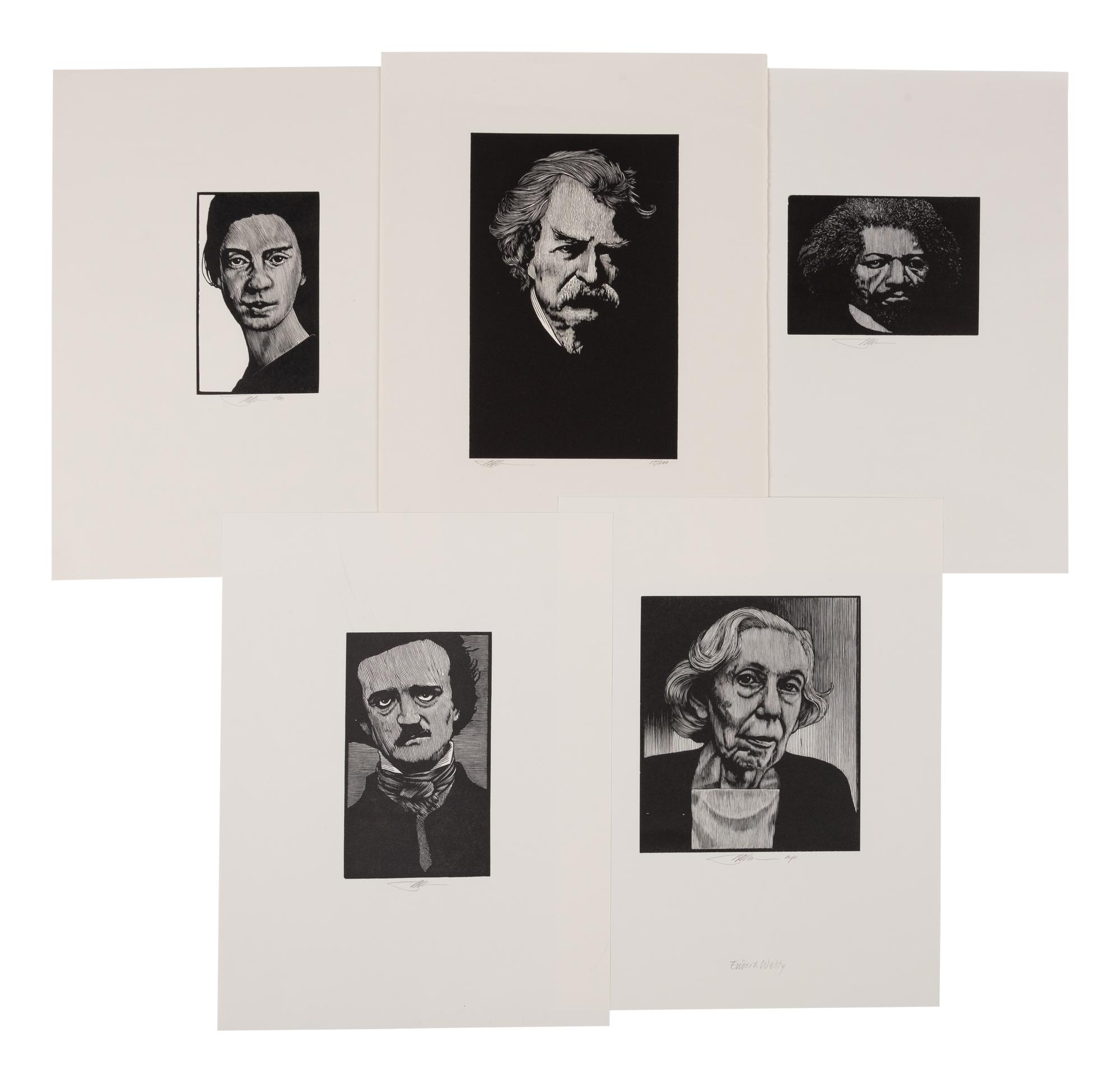 [PORTRAITS—AUTHORS]. Group of 27 wood-engraved portraits of authors (including duplicates and proof variants) from various works or suites by Barry Moser, various sizes and papers, EACH SIGNED BY MOSER in pencil. Includes: Dante, Poe, Twain, Lewis Carroll, Stoker, Wilde, Melville, Baum, Mary Shelley, Stevenson and many others.