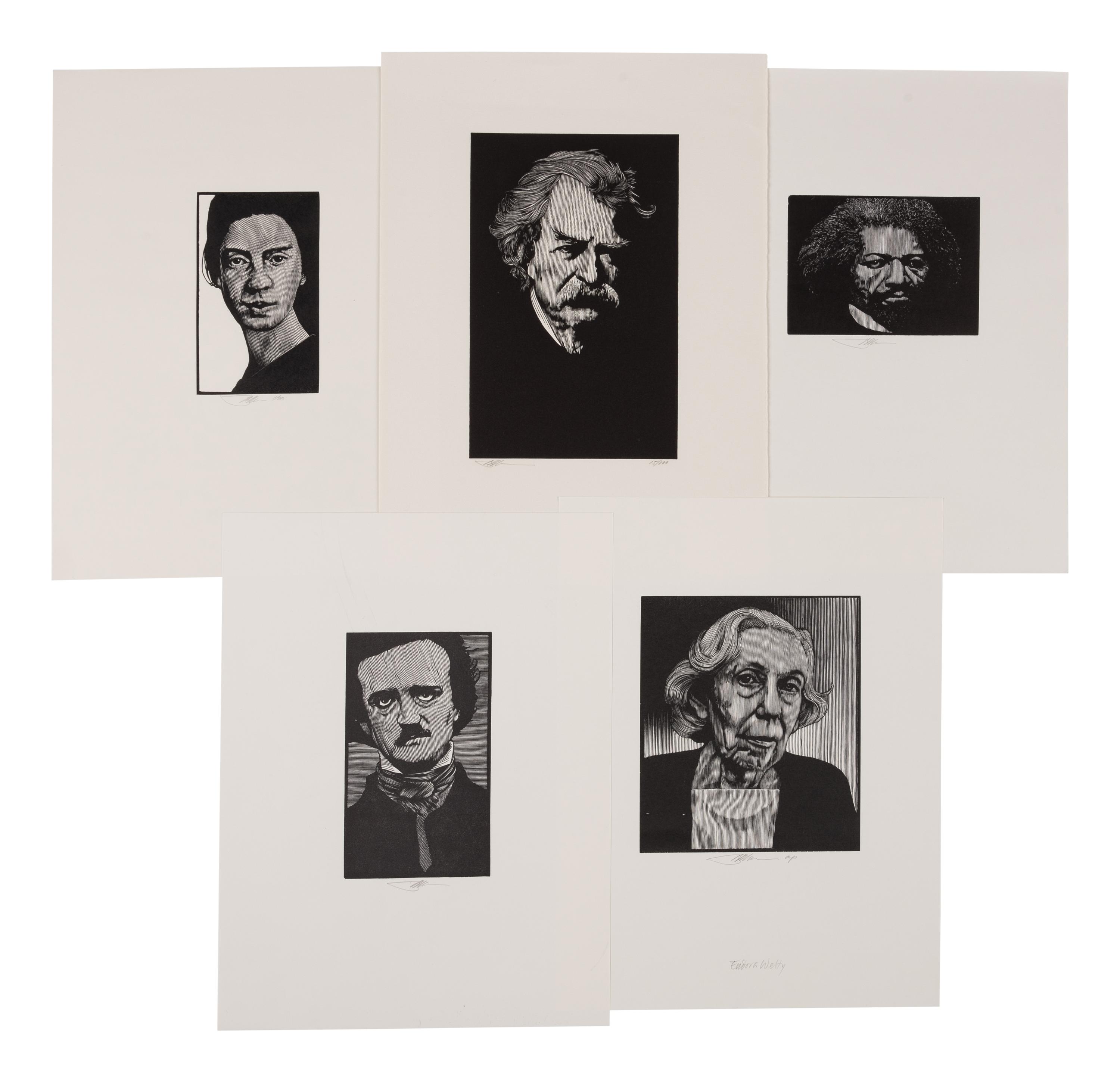 [PORTRAITS—AUTHORS]. Group of 27 wood-engraved portraits of authors (including duplicates and proof variants) from various works or suites by Barry Moser, various sizes and papers, EACH SIGNED BY MOSER in pencil. Includes: Dante, Poe, Twain, Lewis Carroll, Stoker, Wilde, Melville, Baum, Mary Shelley, Stevenson and many others.
