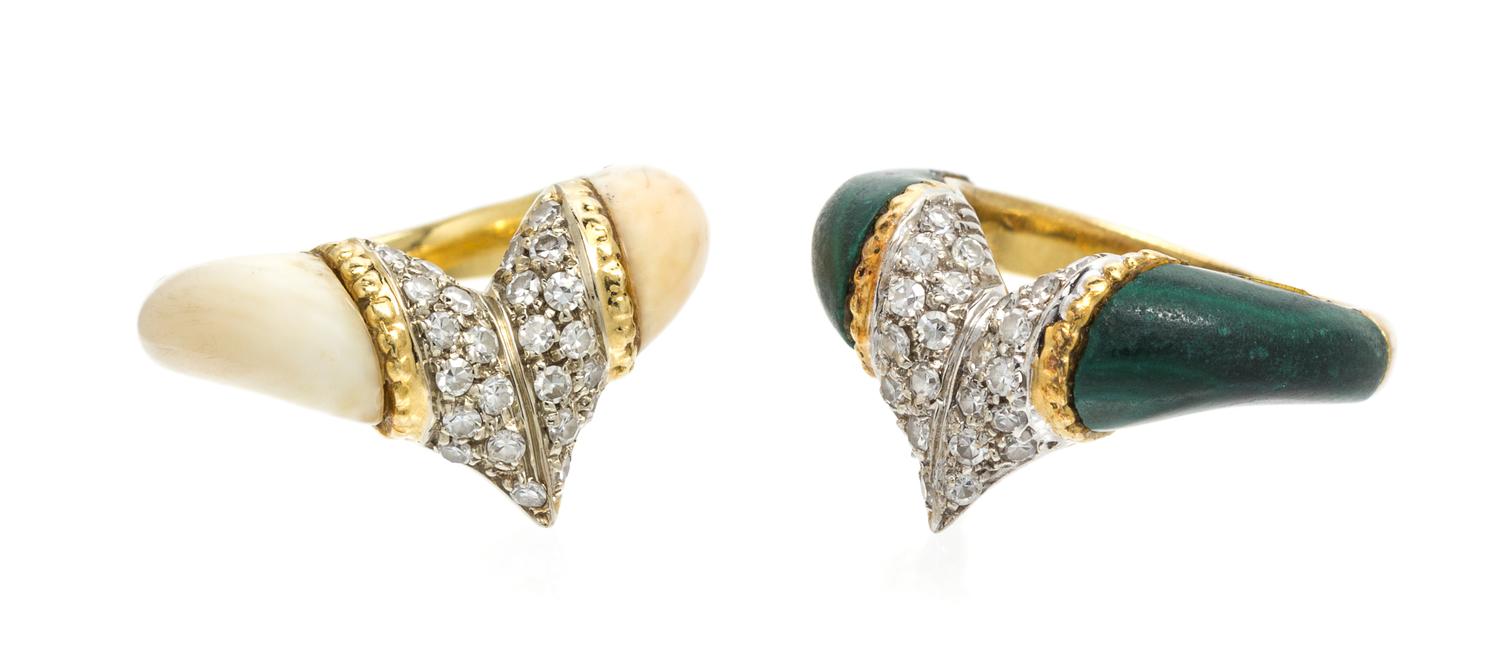 A Pair of Gold, Diamond, Malachite and Bone Stacking Rings, 8.50 dwts.