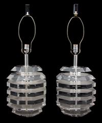 A Pair of Modern Lucite Lamps Height 28 1/2 x diameter 10 inches. — ATTRIBUTED TO KARL SPRINGER, CIRCA 1970