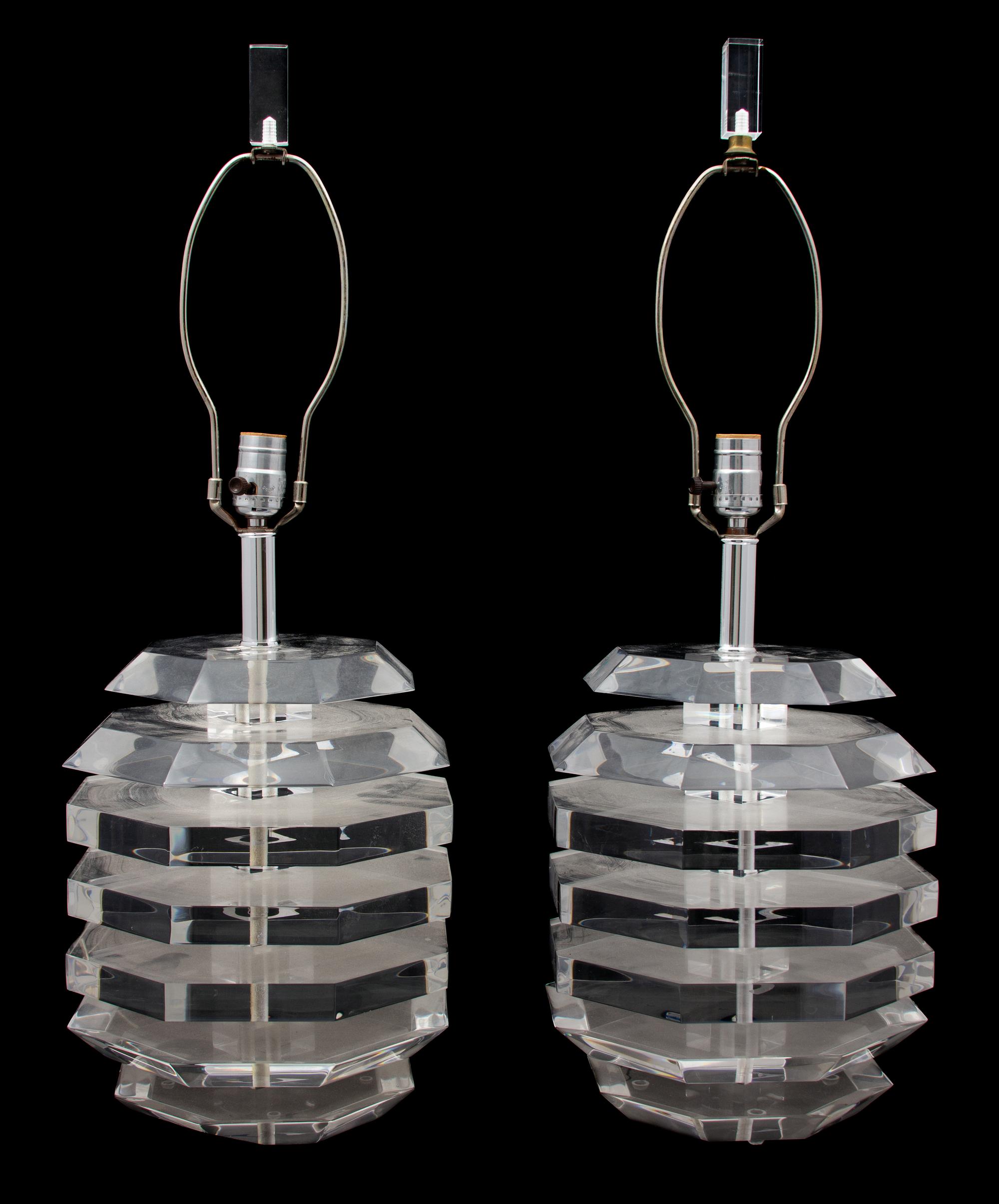 A Pair of Modern Lucite Lamps Height 28 1/2 x diameter 10 inches. — ATTRIBUTED TO KARL SPRINGER, CIRCA 1970