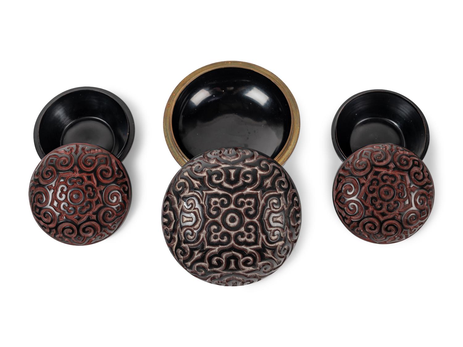 Three Chinese Tixi Style Lacquer Covered Boxes