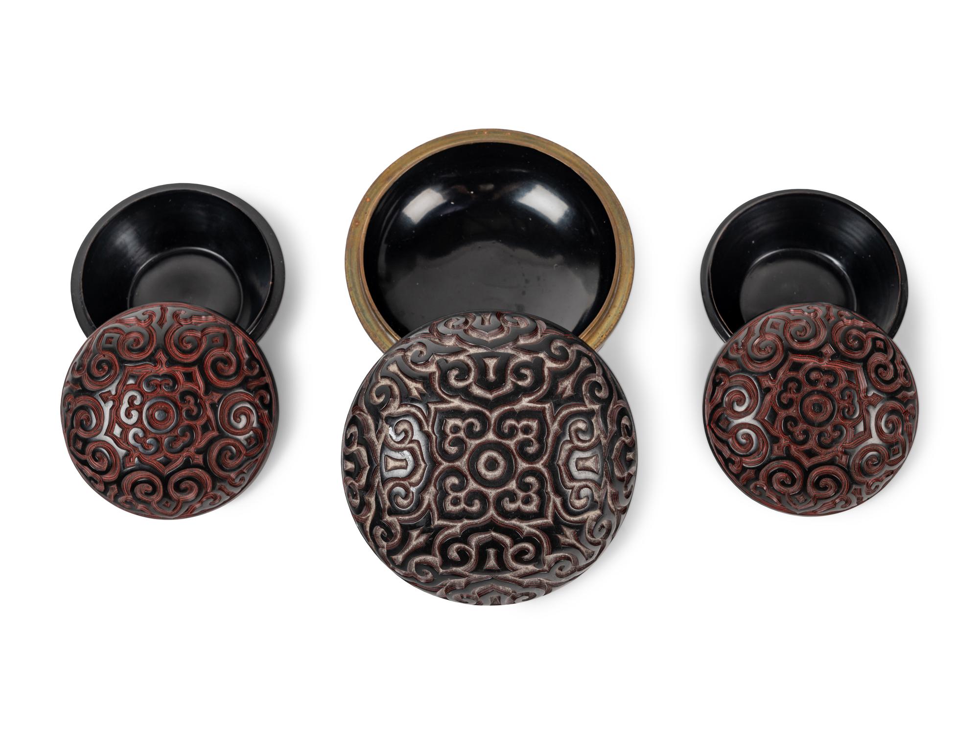 Three Chinese Tixi Style Lacquer Covered Boxes