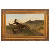 Artist Unknown, 19th Century — Three Leaping Stags and a Group of Doe, 1871