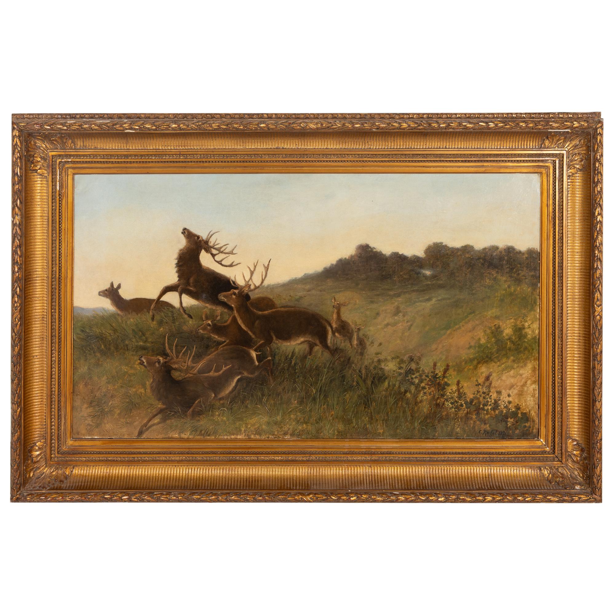 Artist Unknown, 19th Century — Three Leaping Stags and a Group of Doe, 1871