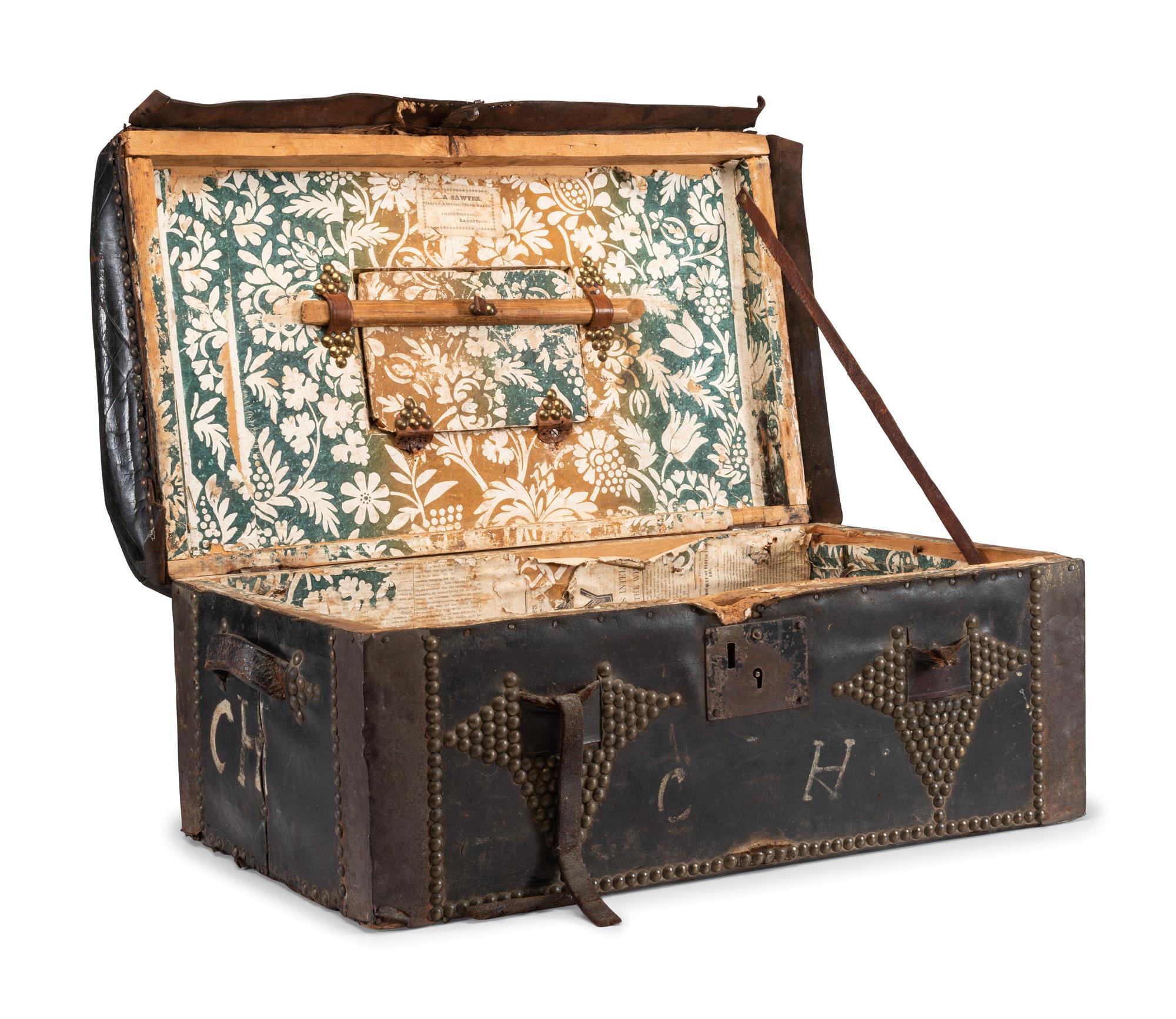 [CIVIL WAR] -- [MAINE]. Tin muster roll box identified to Co. A, 19th Maine Regiment, accompanied by stage trunk identified to Maine manufacturer.