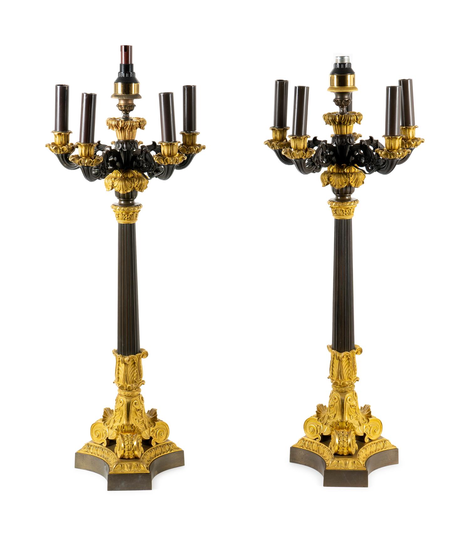 A Pair of Louis Philippe Gilt and Patinated Bronze Six-Light Candelabra — 19TH CENTURY