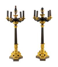 A Pair of Louis Philippe Gilt and Patinated Bronze Six-Light Candelabra — 19TH CENTURY