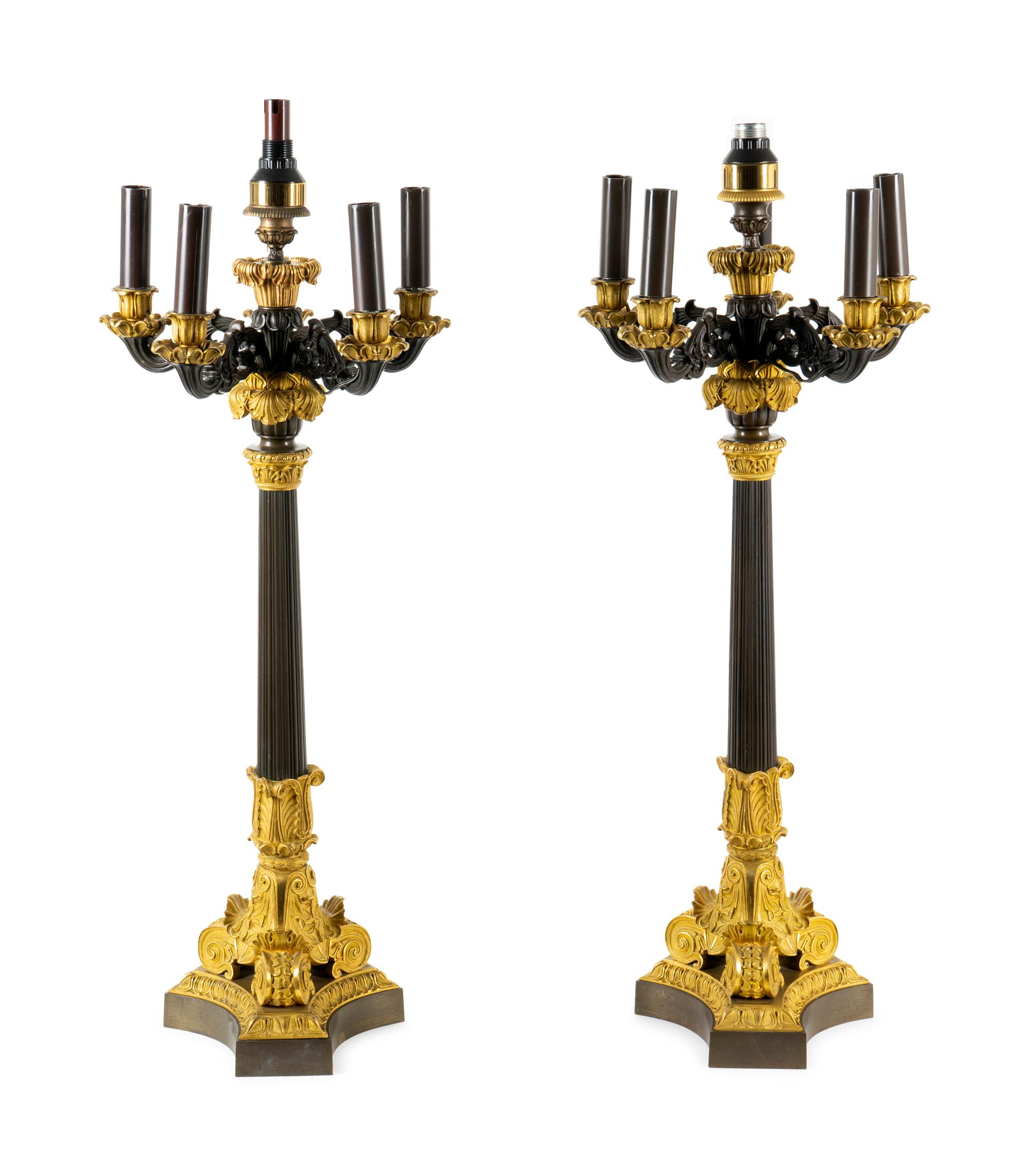 A Pair of Louis Philippe Gilt and Patinated Bronze Six-Light Candelabra — 19TH CENTURY