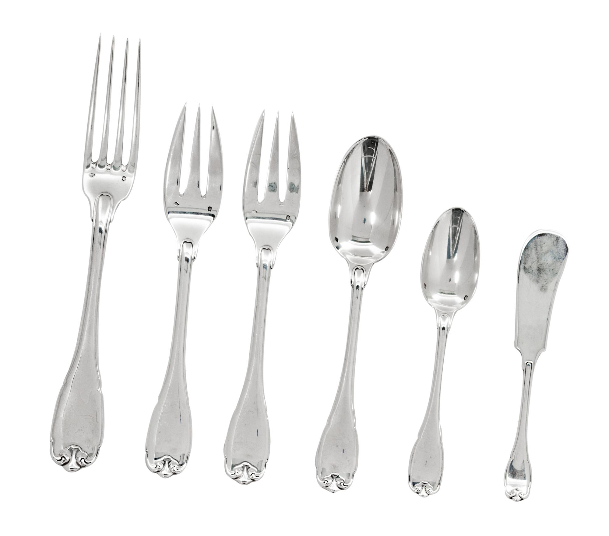 A French Silver Flatware Set for Twelve — Emile Puiforcat, Paris, France, 20th Century