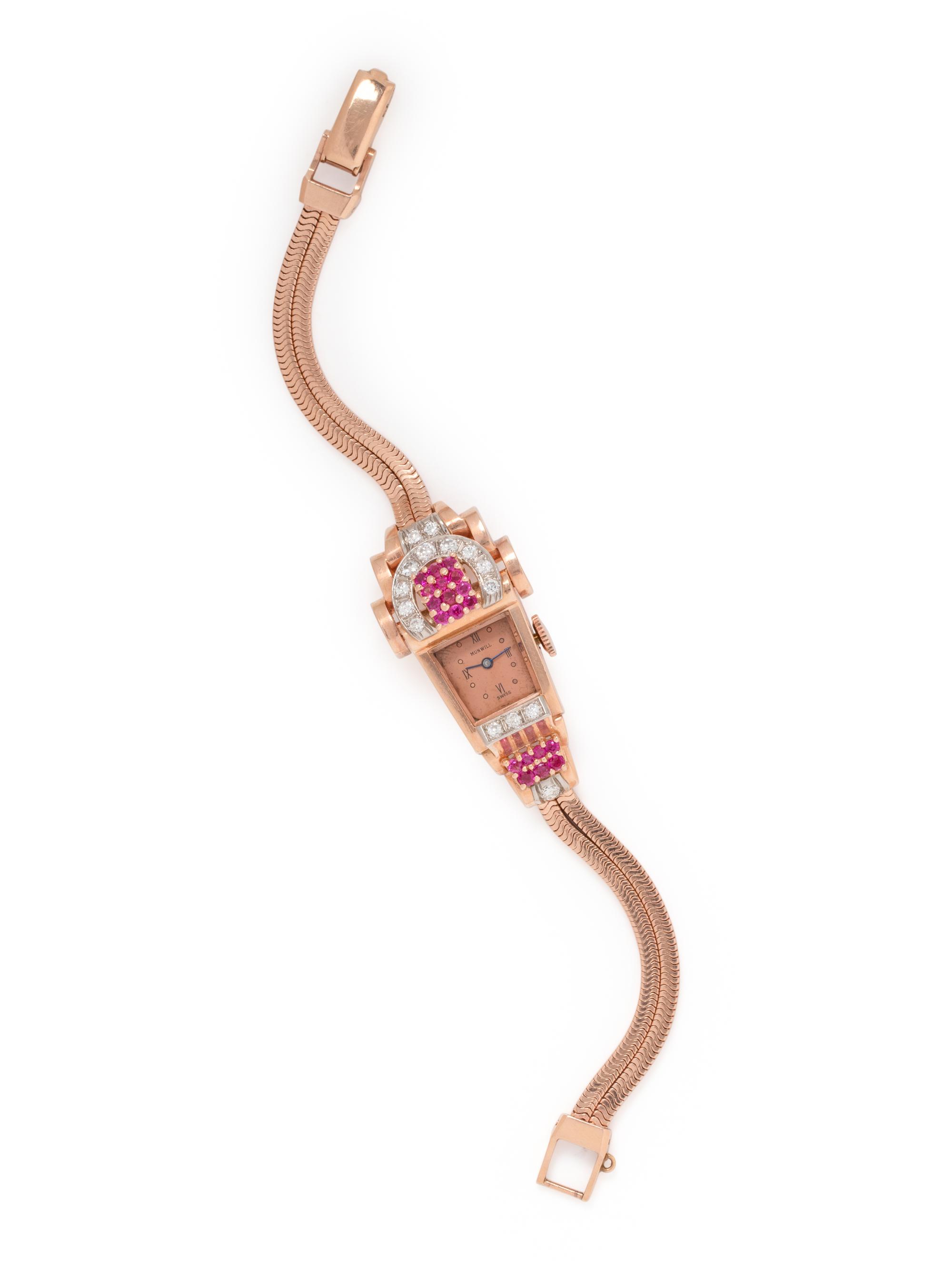 RETRO, 14K ROSE GOLD, DIAMOND AND RUBY WRISTWATCH