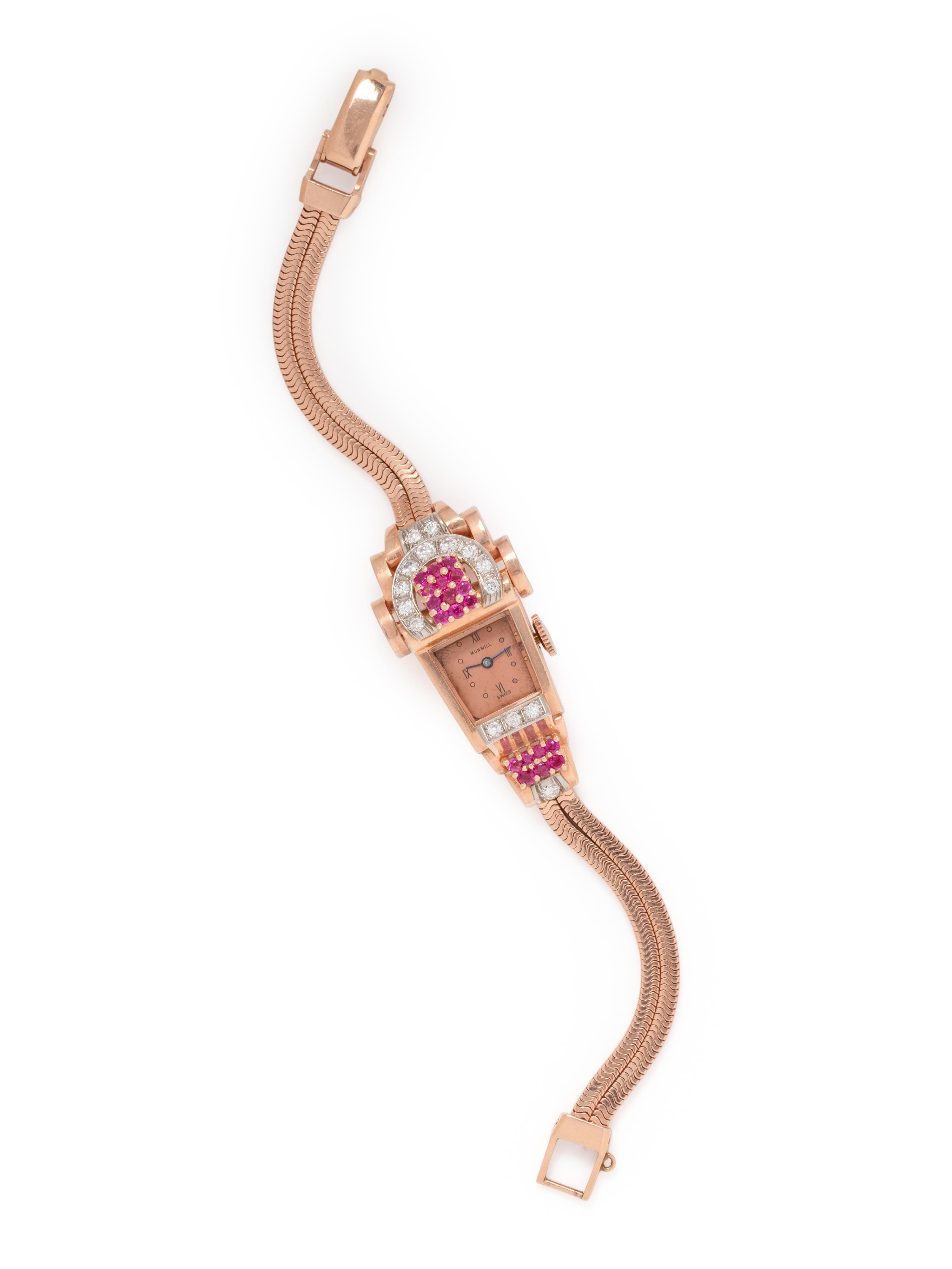 RETRO, 14K ROSE GOLD, DIAMOND AND RUBY WRISTWATCH
